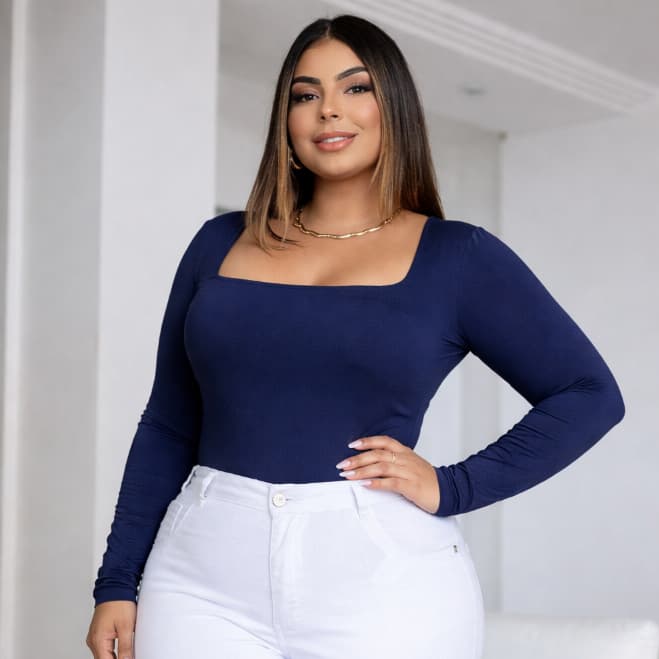 Body Feminino Manga Longa Decote Quadrado Plus Size Suplex Premium Moda Inverno Confortável Bori com Fecho