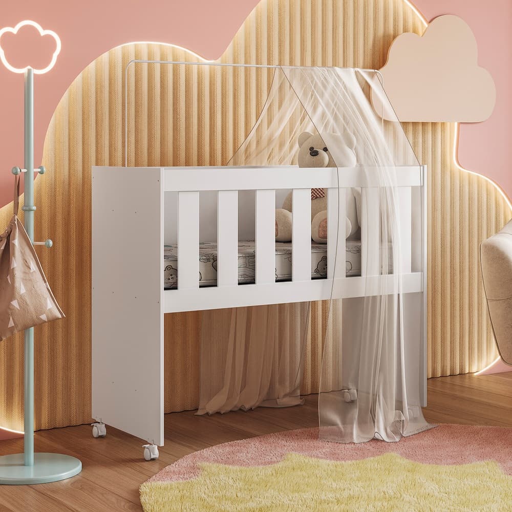 Mini Berço Rubi 5 em 1 Multifuncional com Rodinhas Colchão Incluso e Suporte para Mosquiteiro 100% MDF - AV
