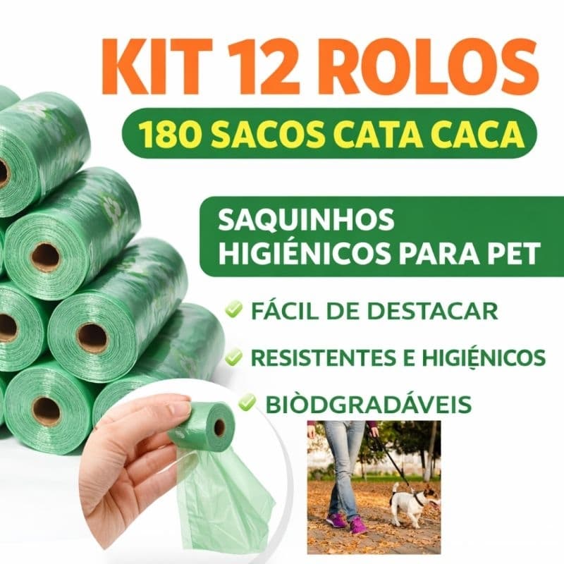 Saquinho Higiênico para Cachorro – Saco Cata Caca Pet 12 Rolos (180 Sacos) Passeio Pet