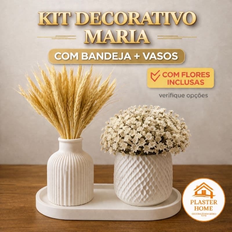 Kit Decorativo Vasos e Bandeja Maria de Gesso (presente / enfeite / casa / sala / ambiente / banheiro)