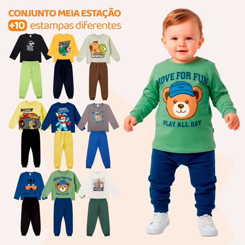 Kit Sortido 6 Peças de Roupas Infantil Bebê Menino(3 Camisas + 3 Calças)Kit 3 Conjuntos Meia Estação