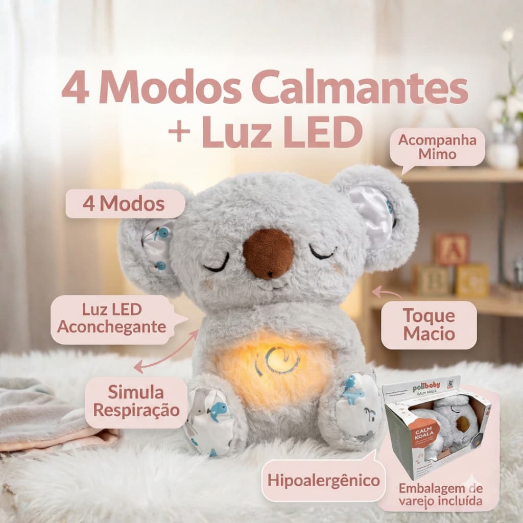 Urso Coala Capivara de Pelúcia que Respira | Urso Coala Respiratório Com Música e Luz Antiestresse| Presente