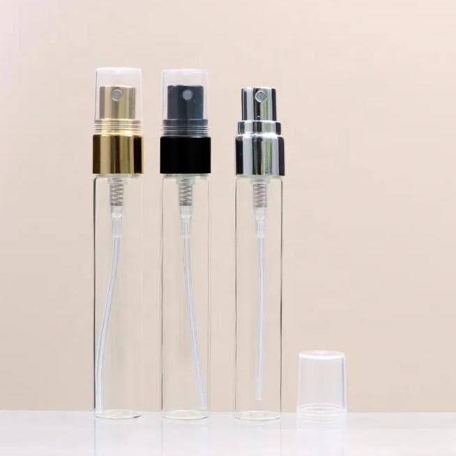 Kit Flaconete de Vidro Com  Válvula Spray Plastica Cromada Dourada/prata/preta Para Amostra De Perfumes Decantes De 10ml
