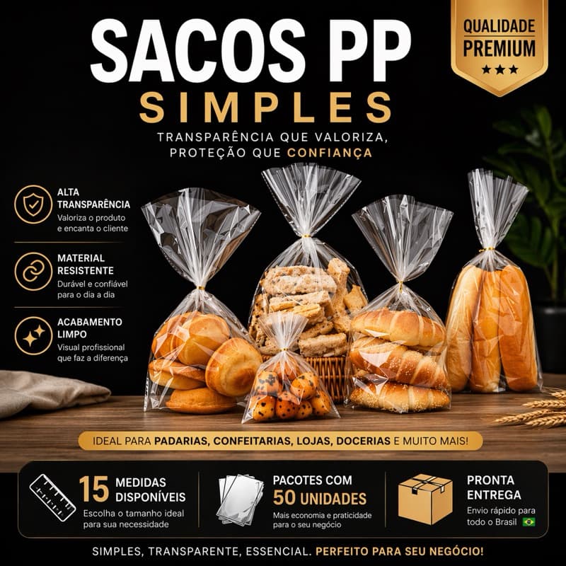 Saco Plástico PP Transparente tipo Celofane - 50 Unidades por PCT