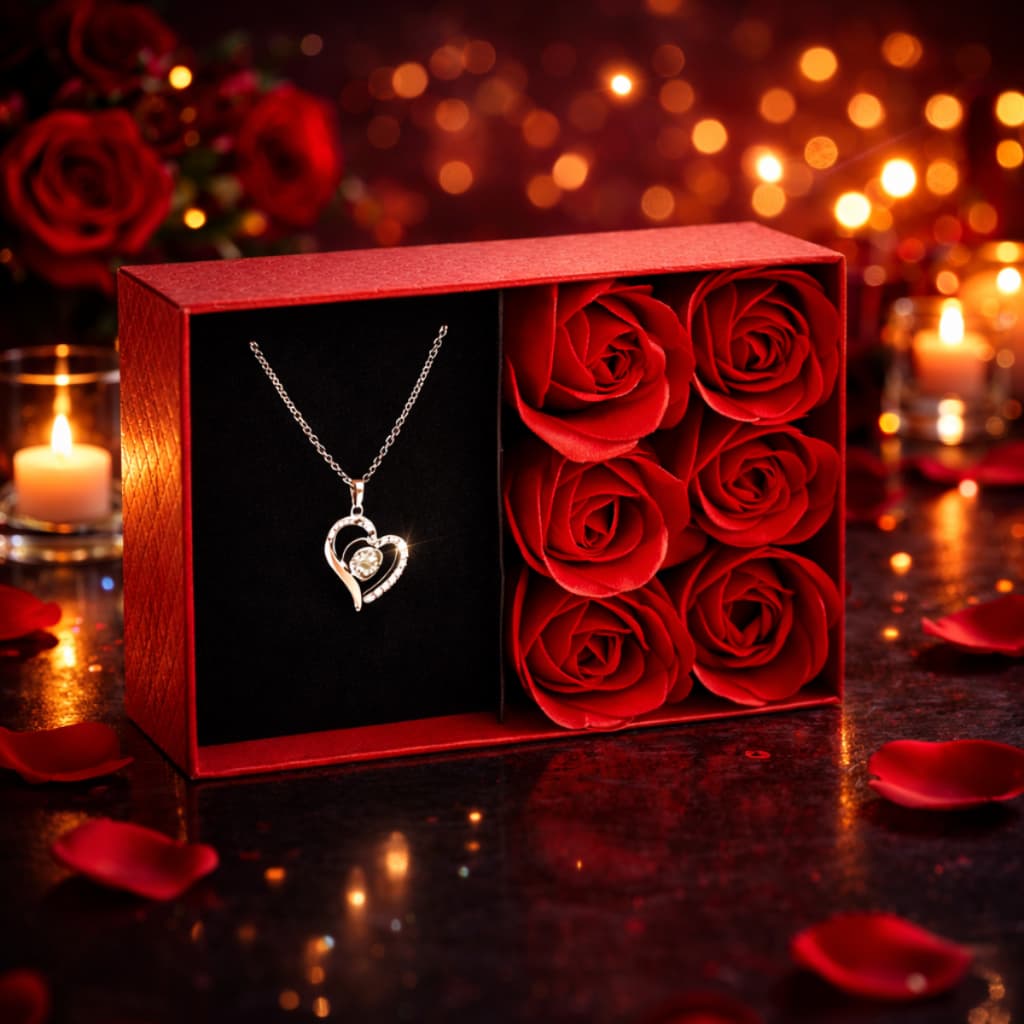 Caixa de Rosas com Colar Coração Eu Te Amo em 100 Idiomas - Dia das Mães, Namorados