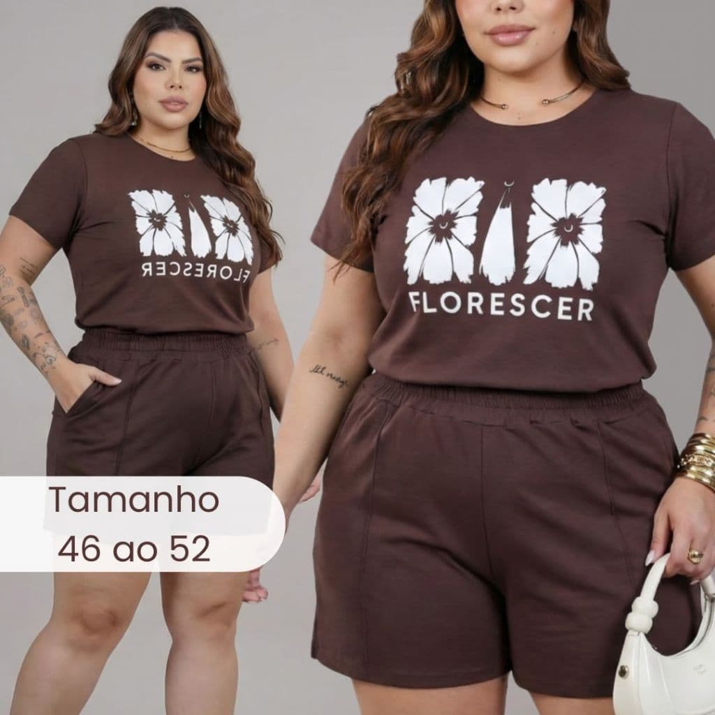 Conjunto  Feminino Plus Size com Blusa T-shirt e Short Meia Coxa Malha 100% Algodão