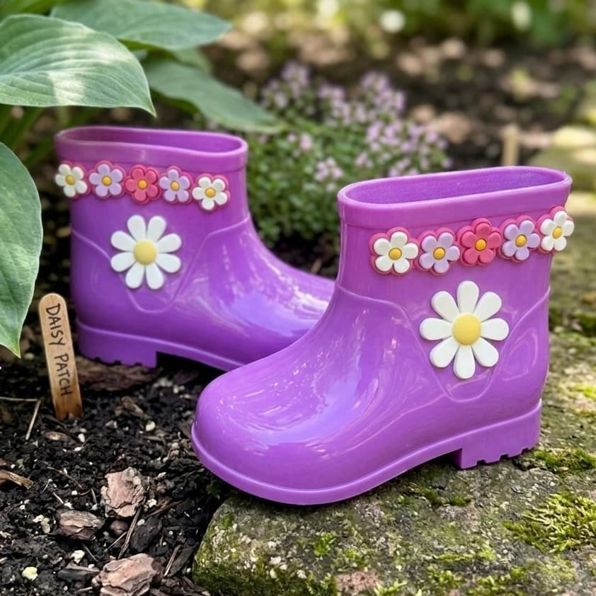 Galocha Infantil Feminina Botinha de Chuva para Meninas Com Fileira de Flores Confortável