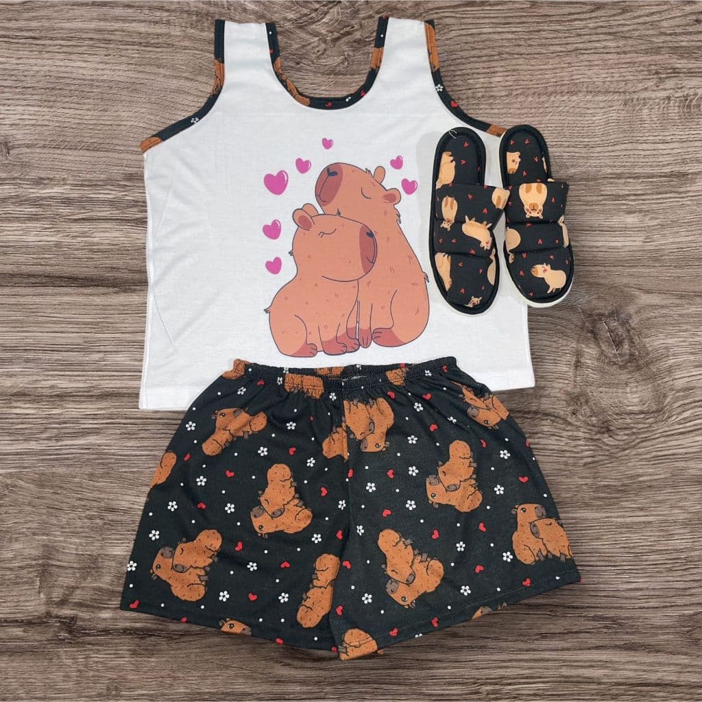 kit 1 short doll regata INFANTIL+ 1 pantufa verao personagens blogueira capivara de dormir pijama feminino INFANTIL JTB