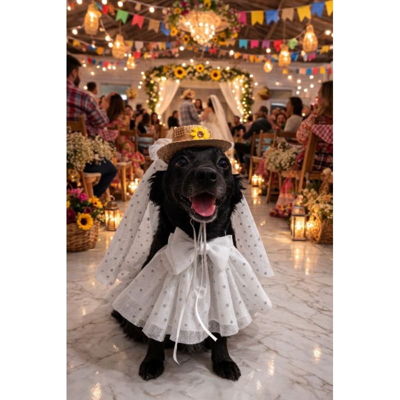 Fantasia Pet Junina Noiva com Chapéu e Bandana Roupa Festa Junina para Cachorro Tamanho Único e PP
