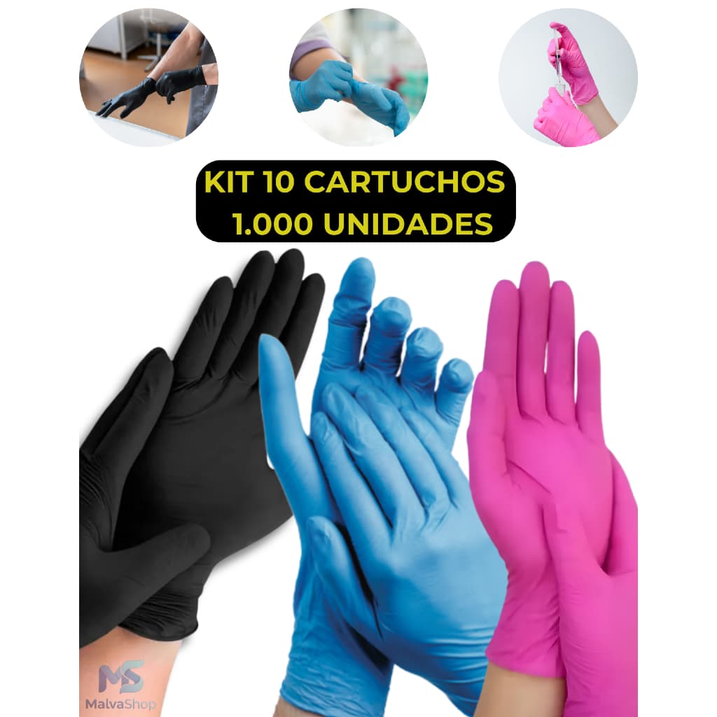 Kit10 Caixas Luva Nitrilica Azul, Preto e Rosa Sem Pó Descartável c/1.000un Doméstico e Profissional