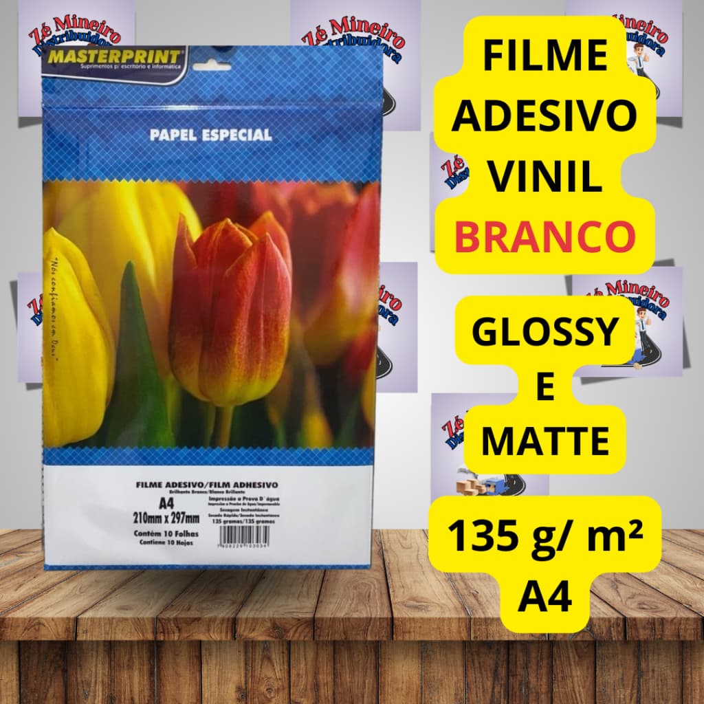 Vinil Adesivo Branco 135g A4 para Impressão Jato de Tinta Brilho e Fosco A Prova d'água  Masterprint