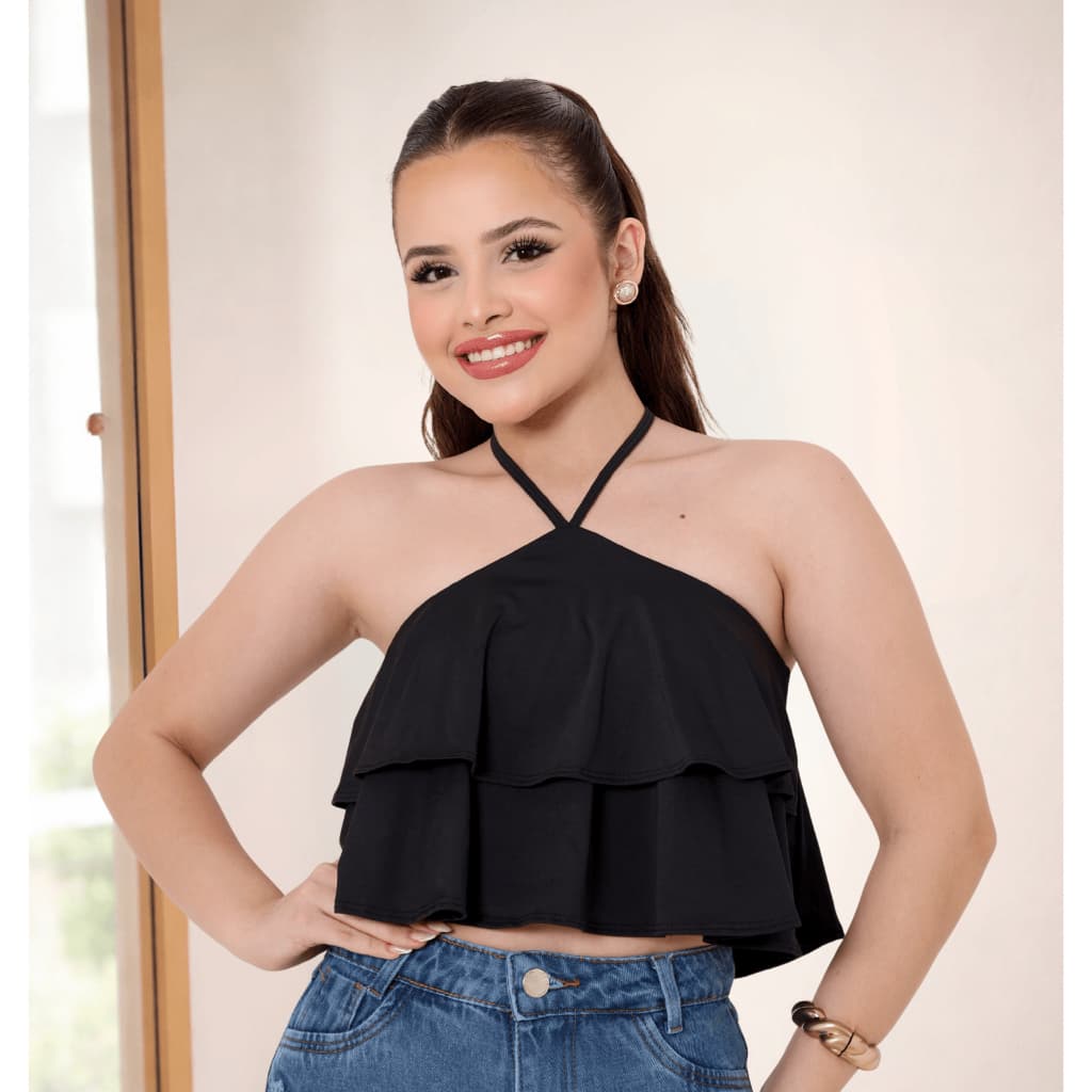 Cropped Estilo Blusinha Com Babados e Amarração Moda Juvenil 12 a 14 anos
