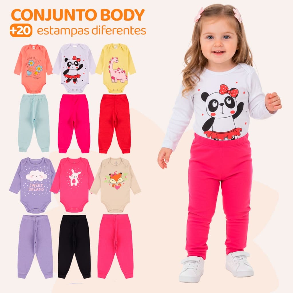 Kit 8 Peças de Roupas para Bebê Menina (4 Body Longo + 4 Calça Mijão) Kit 4 Conjunto Body + Calça Roupa Infantil Bebê