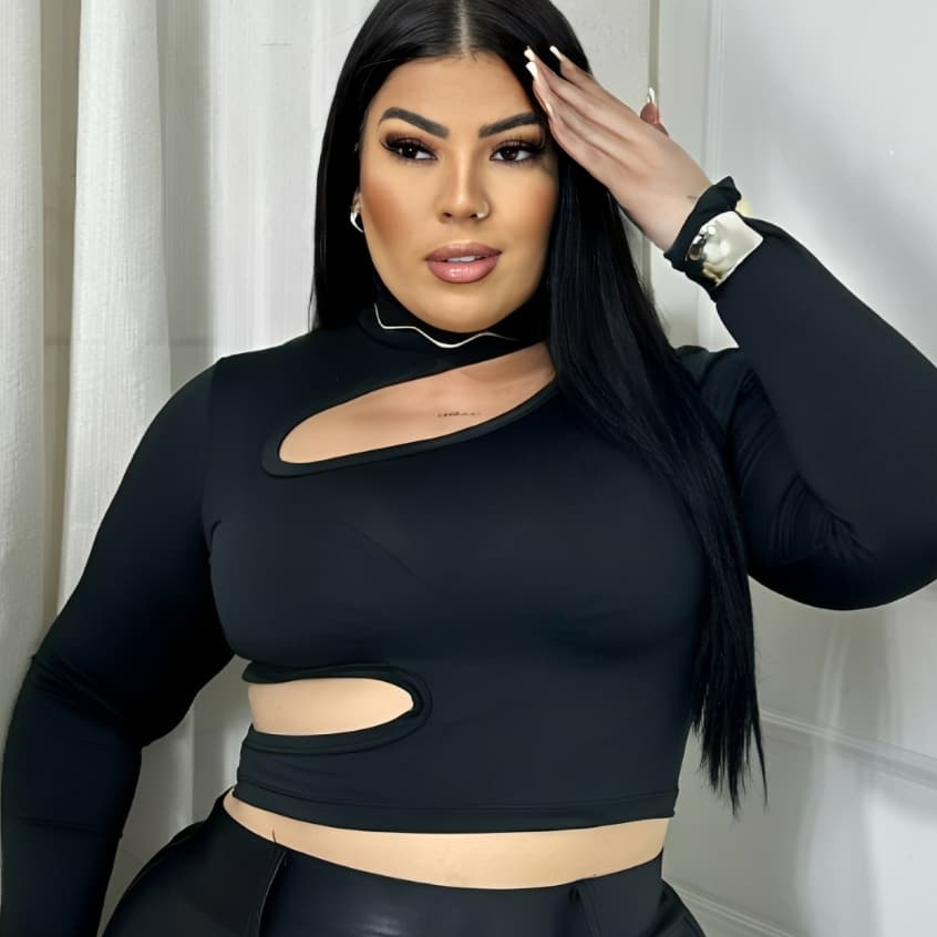 Cropped Plus Size Manga Longa Moda Gringa Suplex Abertura para Noite Baladas e Festas Look Roupa Plus Sensual