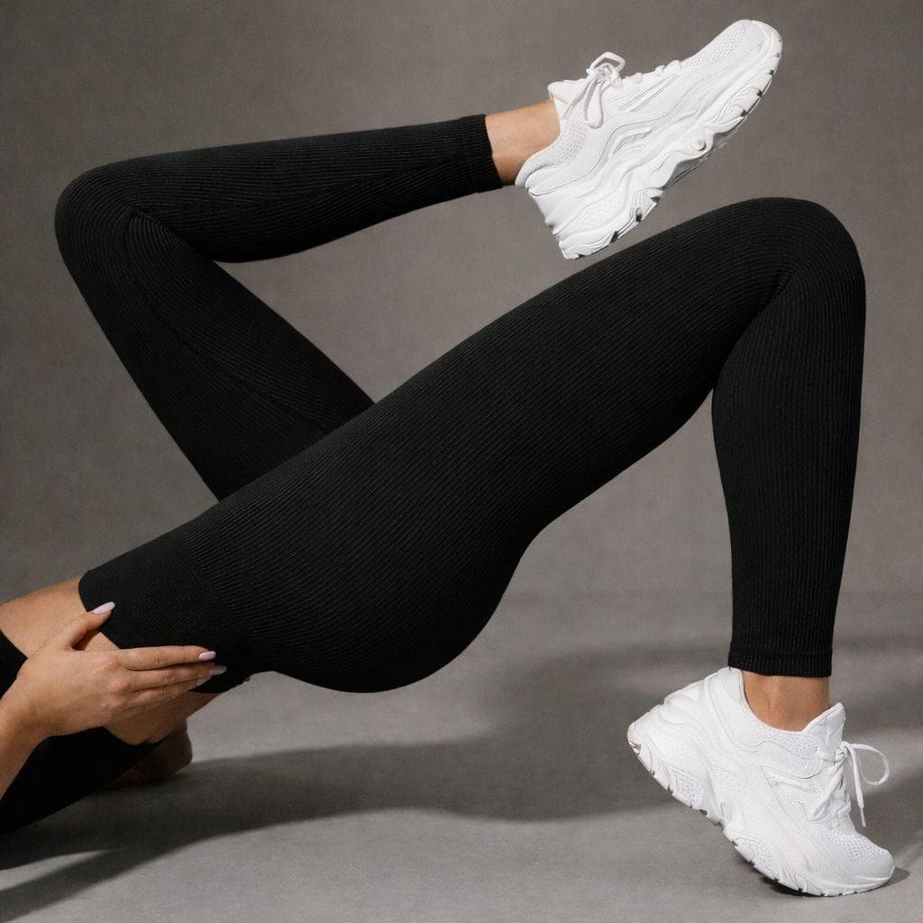 Calça Legging Canelada de Cintura Alta Sem Costura para Academia Feminina Elástica Moda Fitness