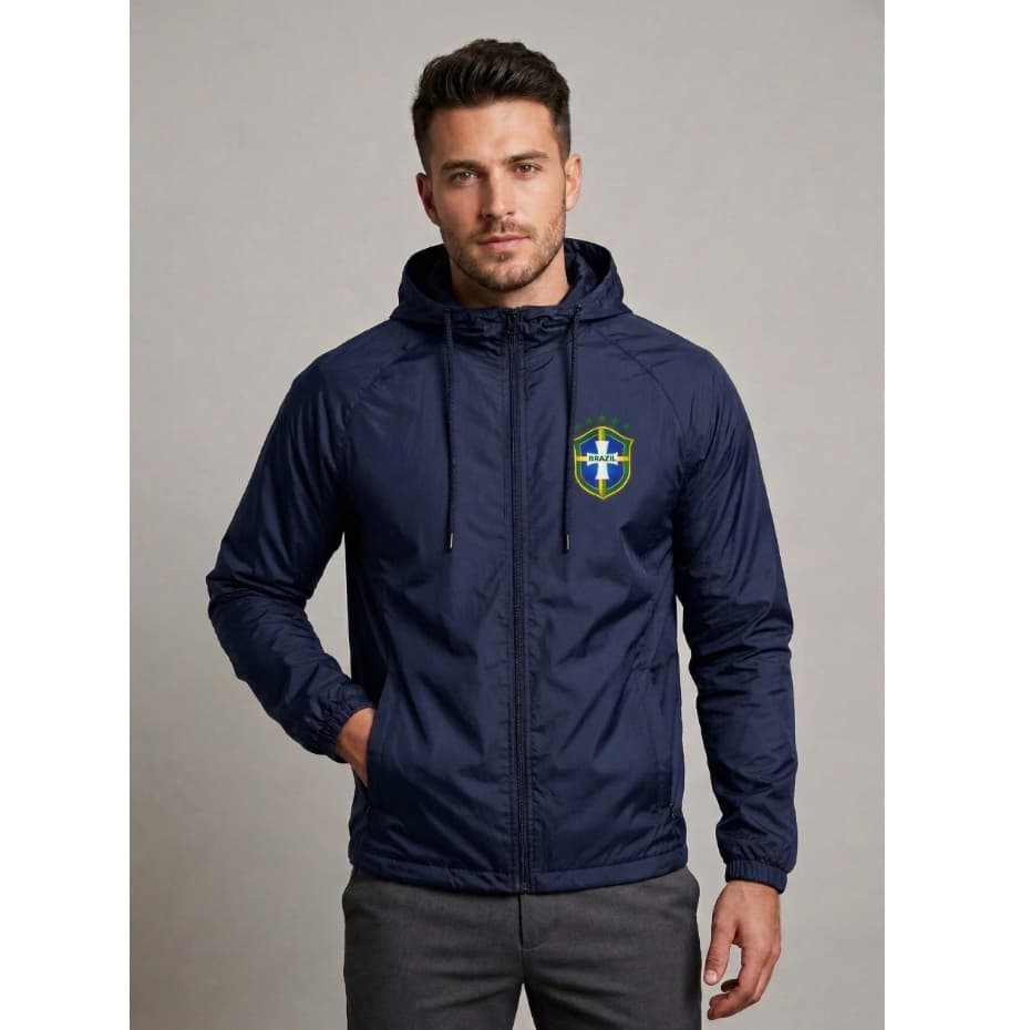 Jaqueta corta vento masculina tactel premium repelente água bolsos funcionais estampa Brasil em DTF