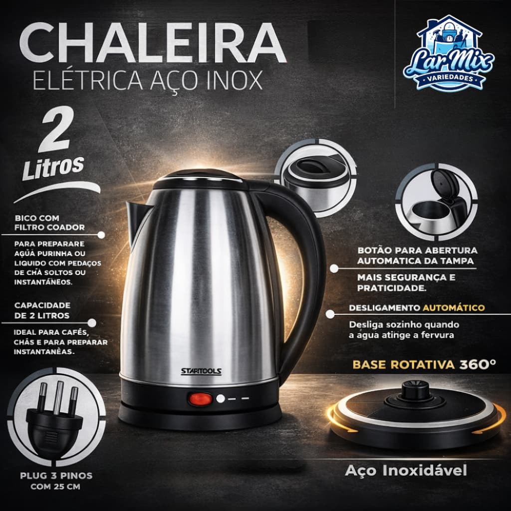 Chaleira Elétrica Jarra Inox 2 Litros Base 360° Desligamento Automático 110V/220V Café Chá