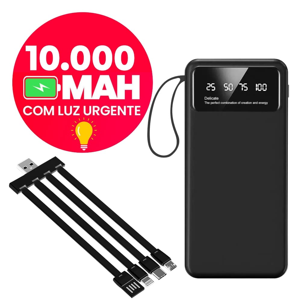 Power Bank Universal de 10.000mAh Carregador Portátil para Android e iOS Com Led celular Saida 4 Cabos