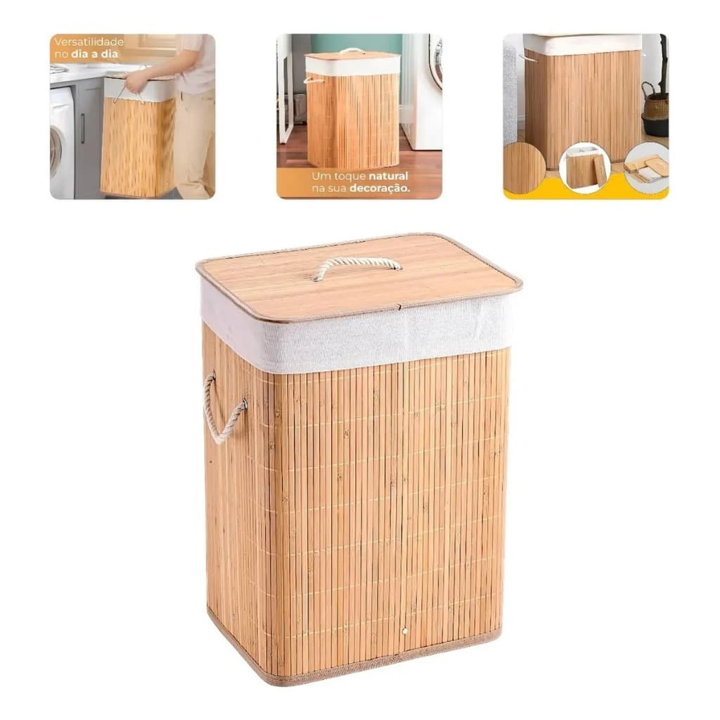Cesto de Roupa Bambu com Tampa 70L Organizador Banheiro Lavabo Quarto