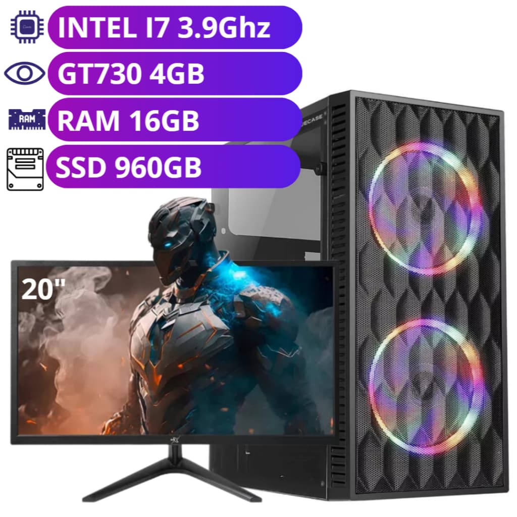 Computador PC Gamer Intel Core i7 3.6Ghz / Placa GeForce 4GB / 16GB RAM / SSD 960GB / Monitor 20"