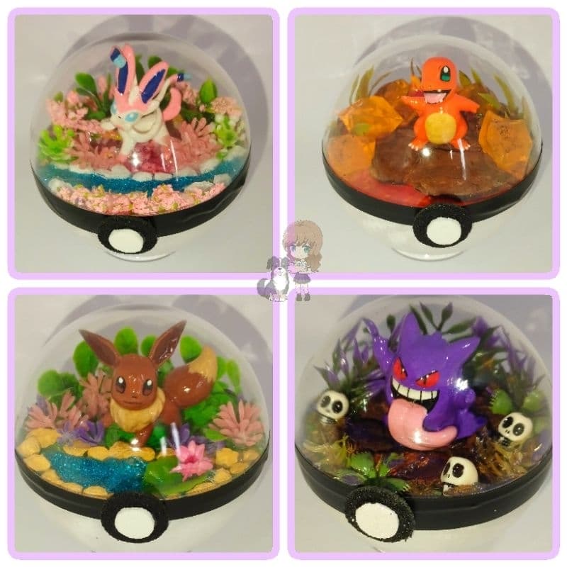 Pokébolas com pokémon, terrários pokémon, Pokebolas artesanais, dioramas pokémon, paraísos pokémon.