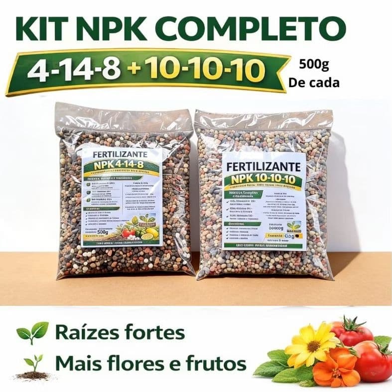 Kit Adubo NPK 10-10-10 + 4-14-8 Fertilizante para Plantas, Flores, Hortas e Frutíferas 1 kilo