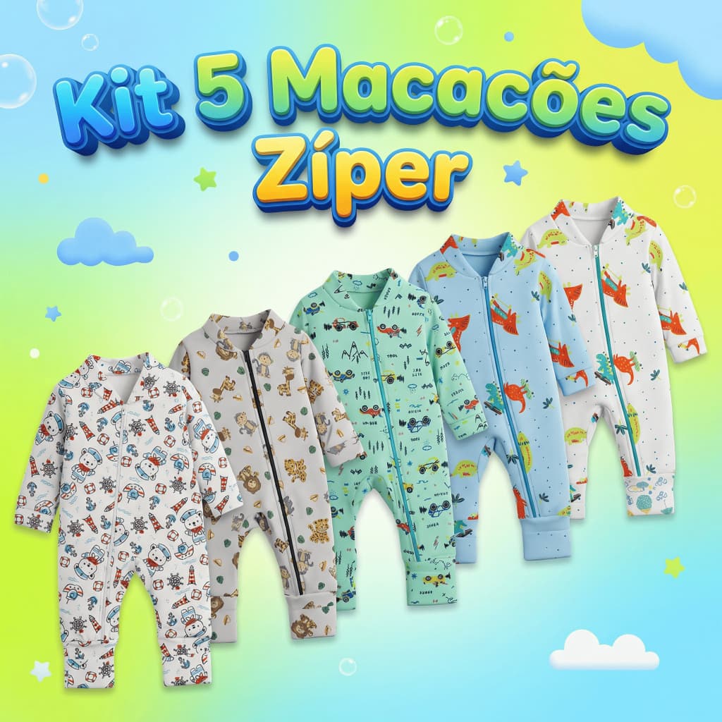 Kit 5 Macacão Estampado Ziper Menino Bebê Algodão Vira Pé Inverno Verao Infantil Macio Macacões