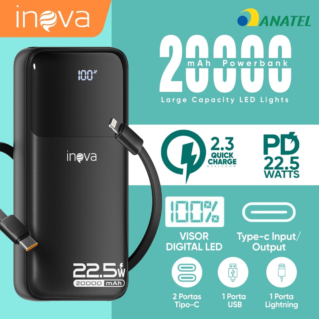 INOVA Power Bank 20000mAh Carregador Portátil Turbo 22.5W Visor LED Tipo C Lightning