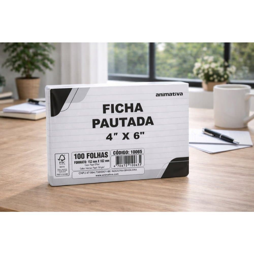 Ficha Pautada 4'' x 6'' 100 Folhas Escolar Escritório Anotações Animativa Fichas para Fichário Ficha