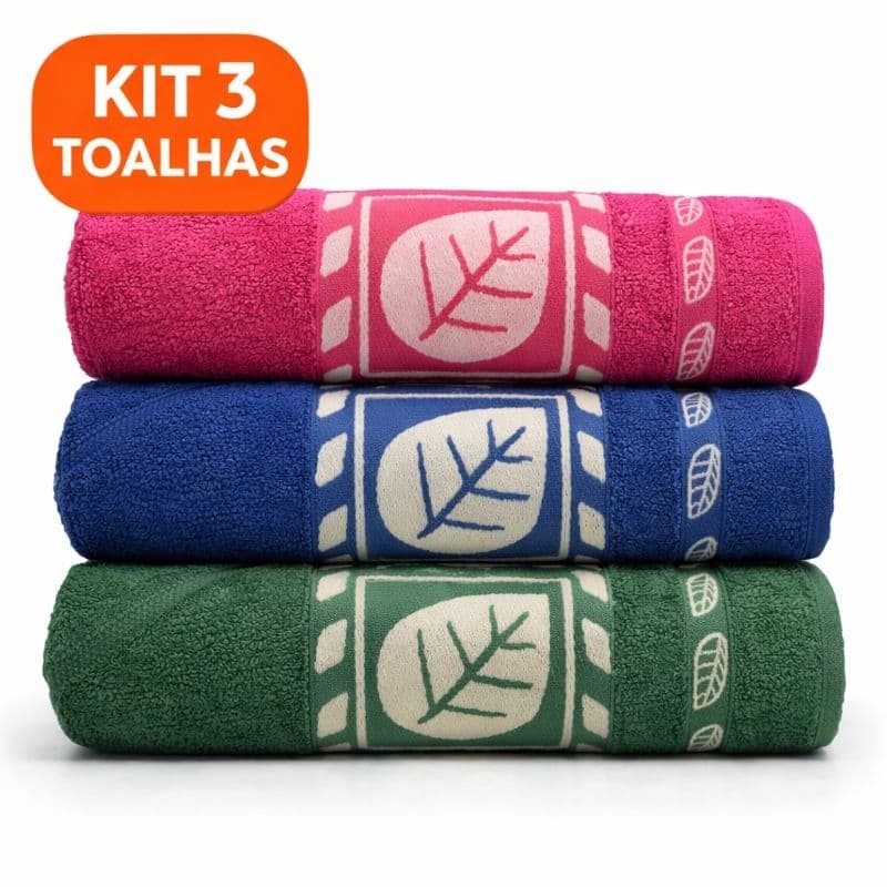 Kit 3 Toalhas De Banho Luxo Gigante Elegante Grossa Macia 70x140cm Algodão Folha Verde Rose e Azul
