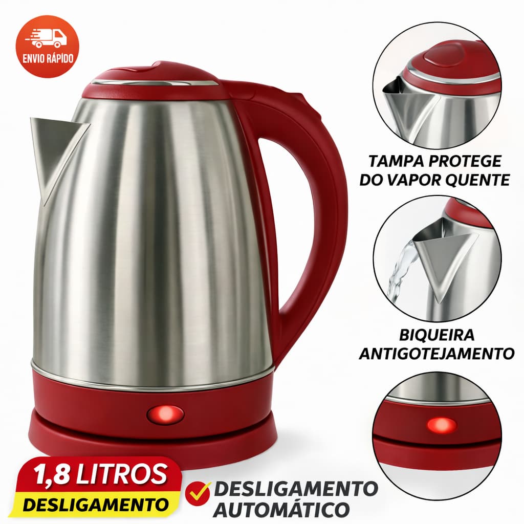 Chaleira Jarra Elétrica Inox Vermelho 220v Desligamento Automático - PREÇO ESPECIAL