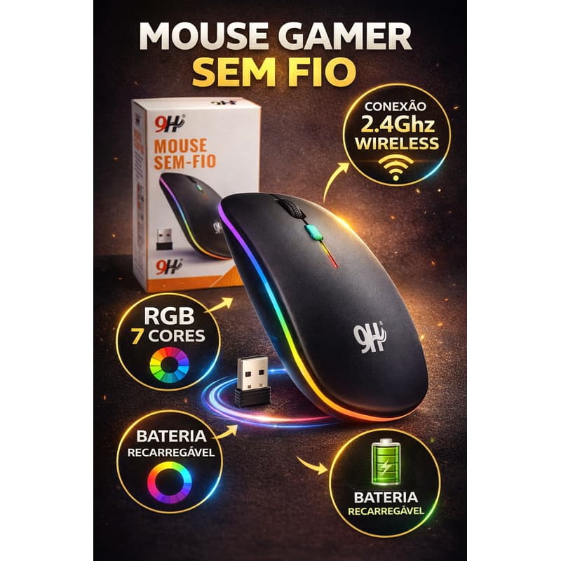 Mouse Gamer Sem Fio RGB Recarregável USB 2.4GHz Silencioso Para Notebook PC Alta Precisão