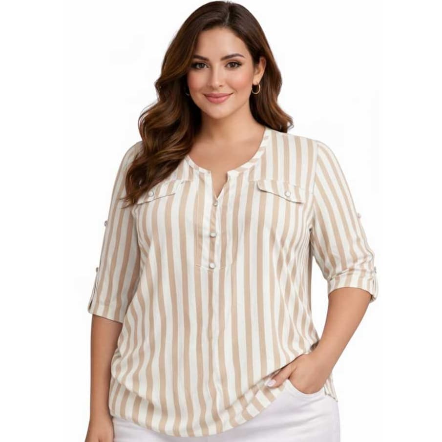 BLUSA FEMININA SOCIAL PLUS SIZE LISTRADA CONFORTAVEL ELEGANTE