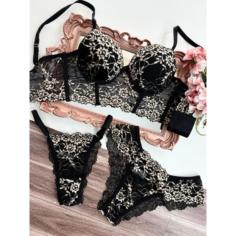 conjunto lingerie sexy luxo lingerie de renda conjunto com duas calcinhas e sutiã lingerie sexy linha noite (Luara)