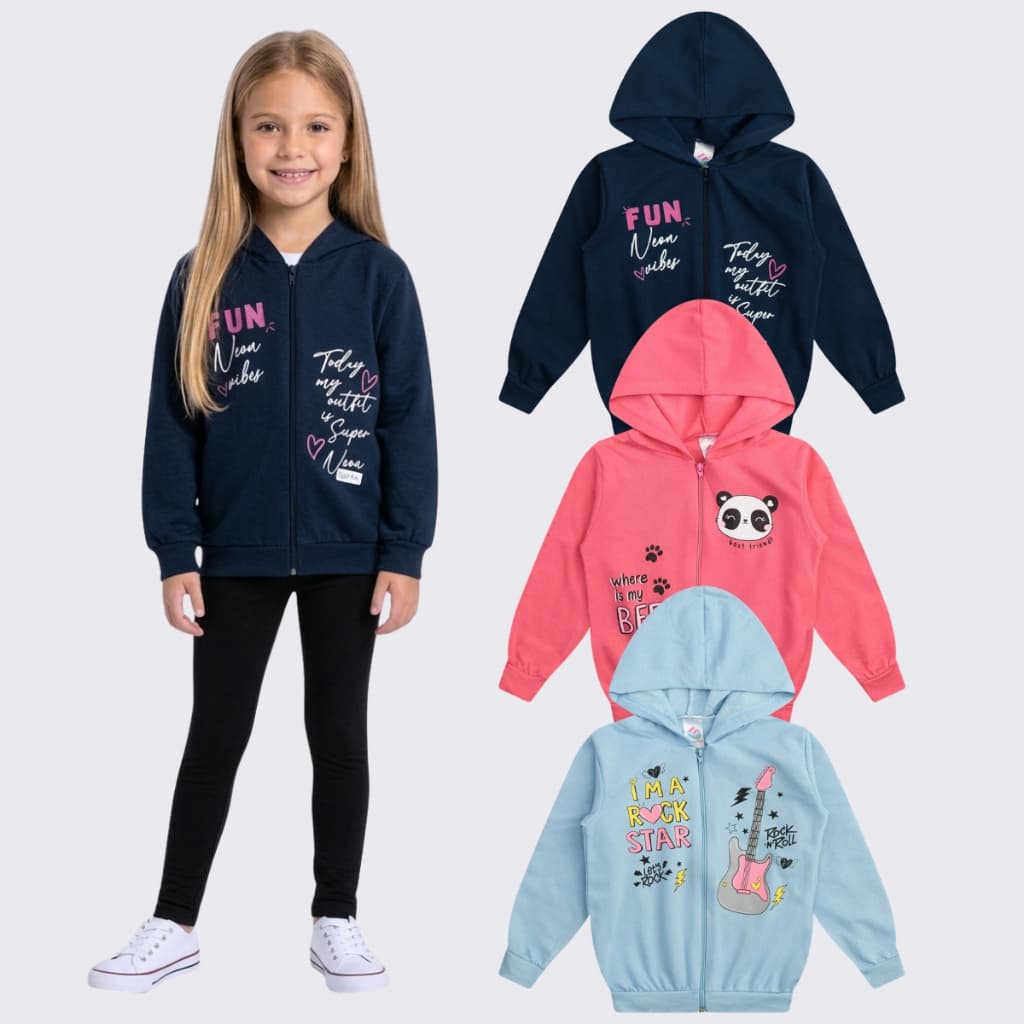 Kit 3 Jaqueta Moletom Infantil Juvenil Menina Ziper Feminino
