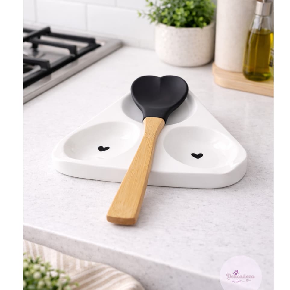 Descanso para Colher - Espátulas Branco corações - 3 espaços