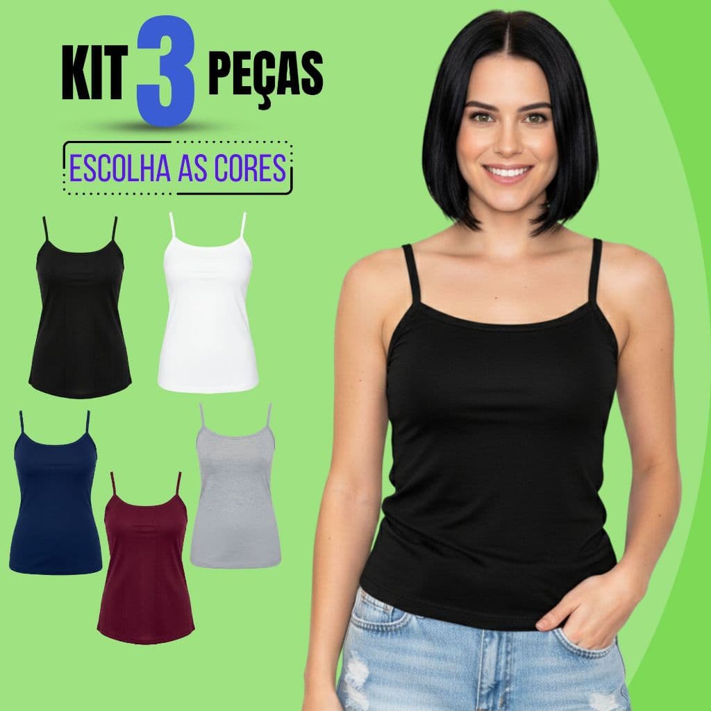 KIt Com 3 Regatas Básicas Lisa de Alça Blusinha Casual Confortável Moda Aesthetic