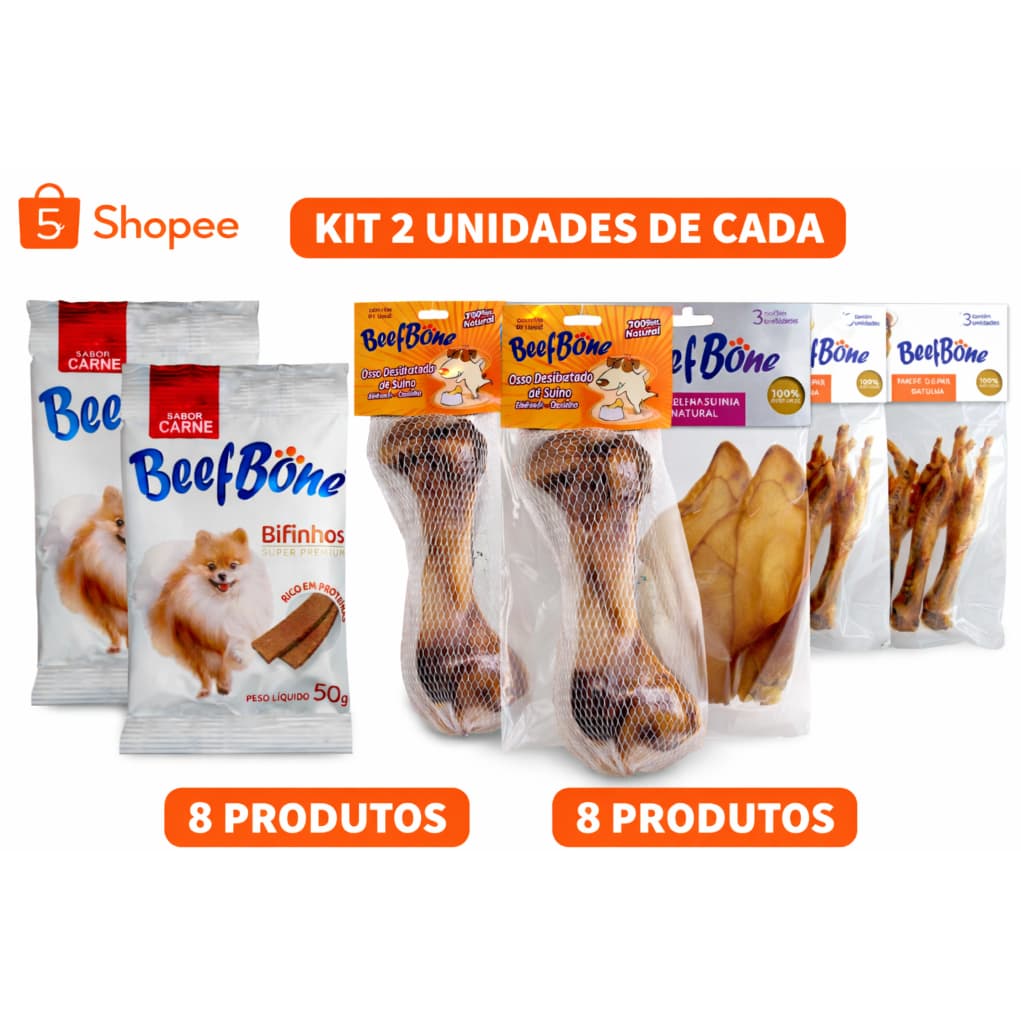 Kit Premium Petiscos Naturais 8 Itens 2 Ossos Suínos 2 Orelhas 2 Bifinhos 2 Pés de Galinha Para Cães