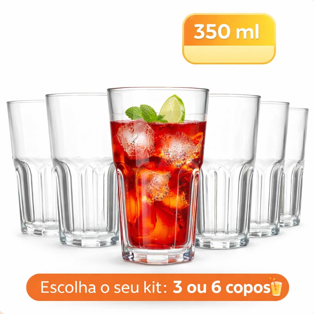 Kit 6 Copos de Vidro 350ml Resistente Água Suco Refrigerante Drink Mesa Posta Cozinha Restaurante