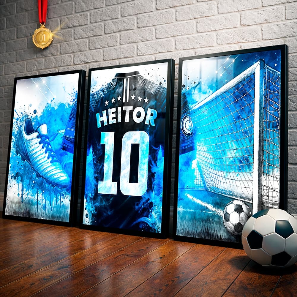 Quadro Futebol Nome Personalizado Kit 3 Quadros Infantil Futebol Basquete Vôlei Quarto Menino(a)