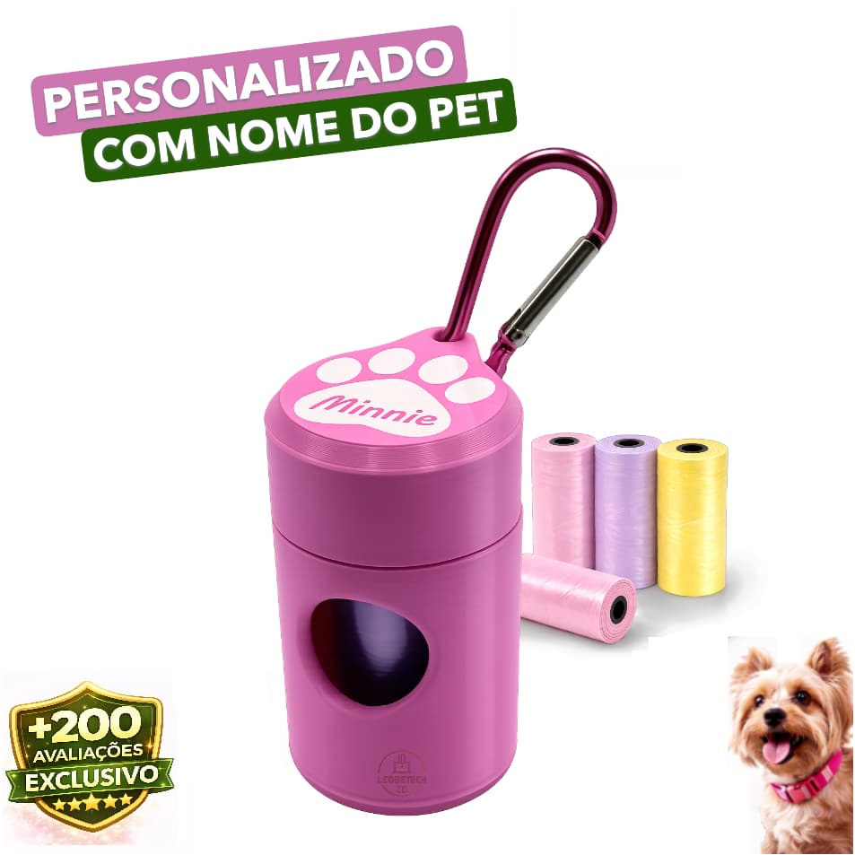 Dispenser Porta Saquinho Cata Coco Personalizado Nome do Pet para Coleira Guia Cachorro com Refil