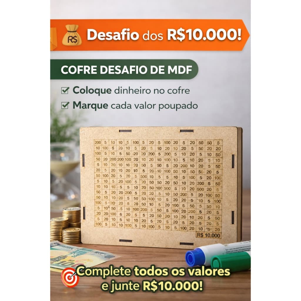 Cofre Desafio 20mil/10mil/5mil/1mil - Caixa Dinheiro De Madeira - Método Japonês - Escolha seu Objetivo!