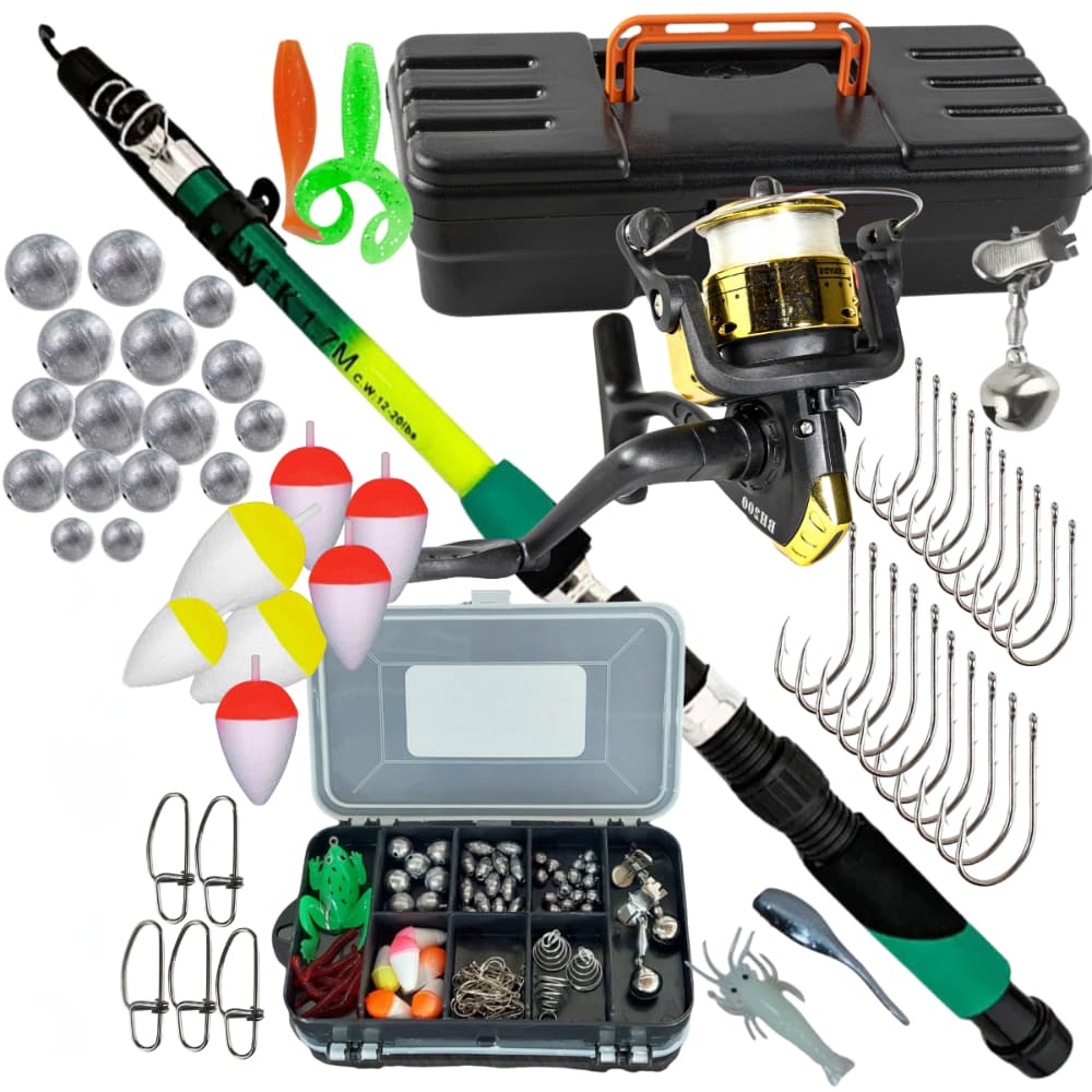 Kit Pesca Completo Vara Molinete Caixa estojo Itens boia anzol chumbada isca artificial  snap kit Barato
