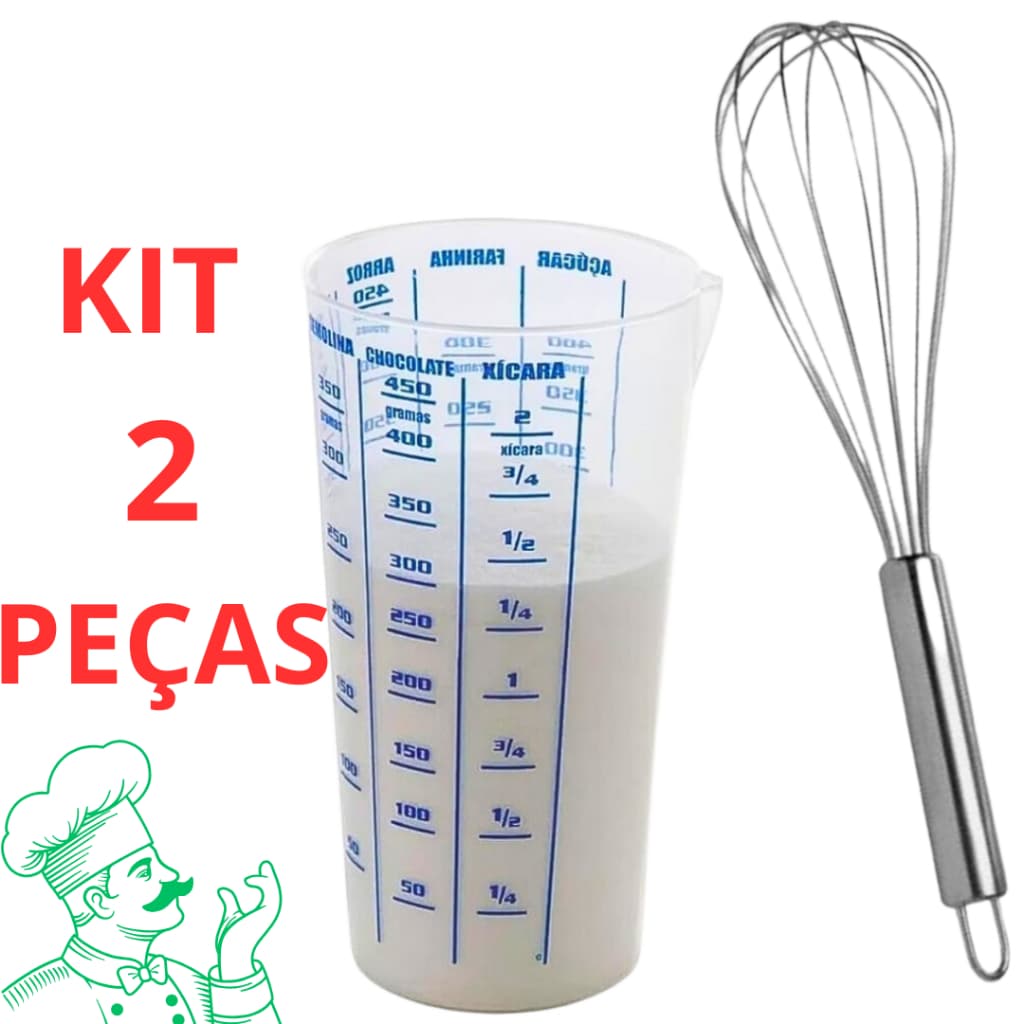 Fuê Fouet De Inox Para Bater Ovos + Copo De Medida Medidor 500Ml Com Bico Para Receitas