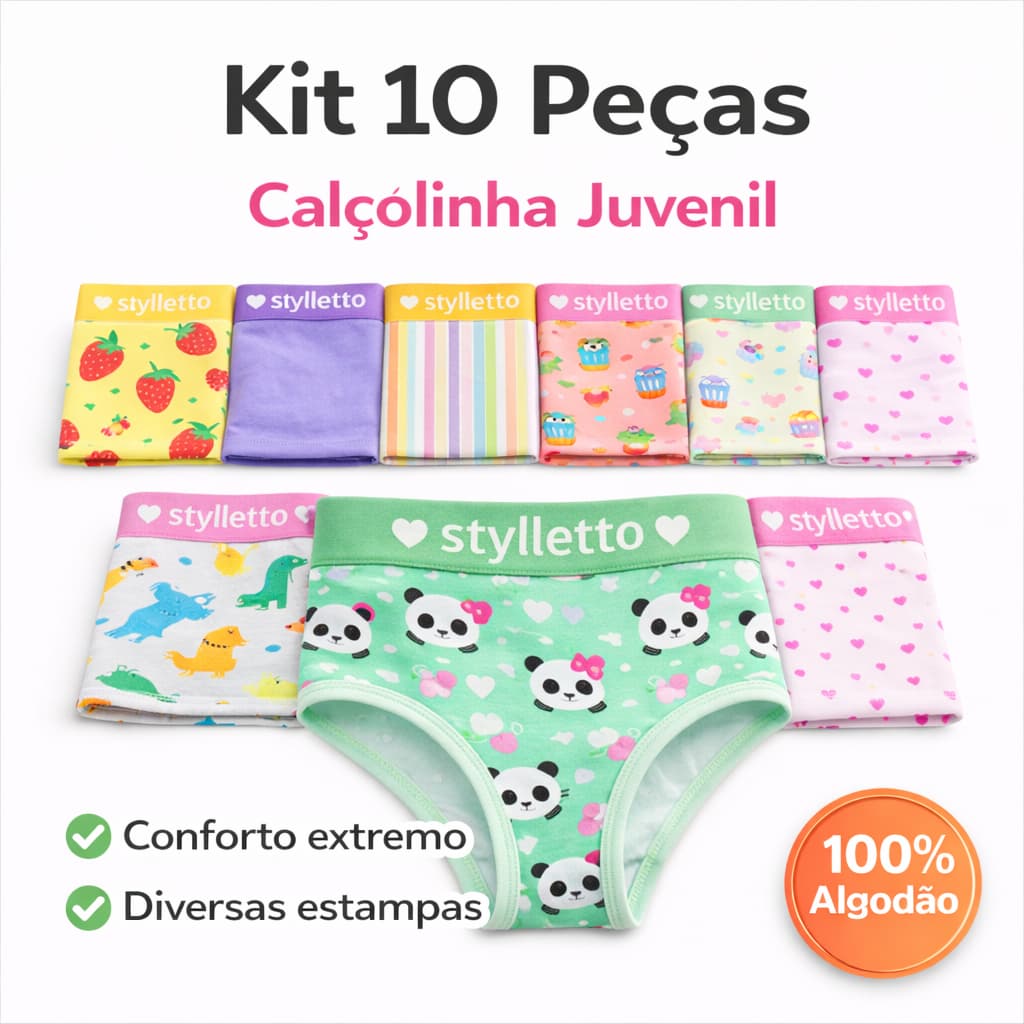 kit 10 Calcinha Juvenil calçolinha de Algodão Menina moça com Elástico personalizado Reforçado na Cintura lisa estampada