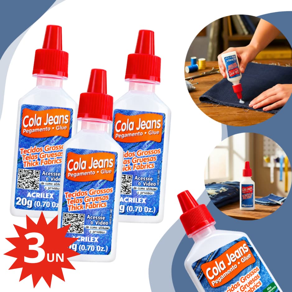 Kit 1/3 Cola Jeans Tecidos Grossos Customização Roupas Artesanato DIY C/ Bico Aplicador Não Tóxica