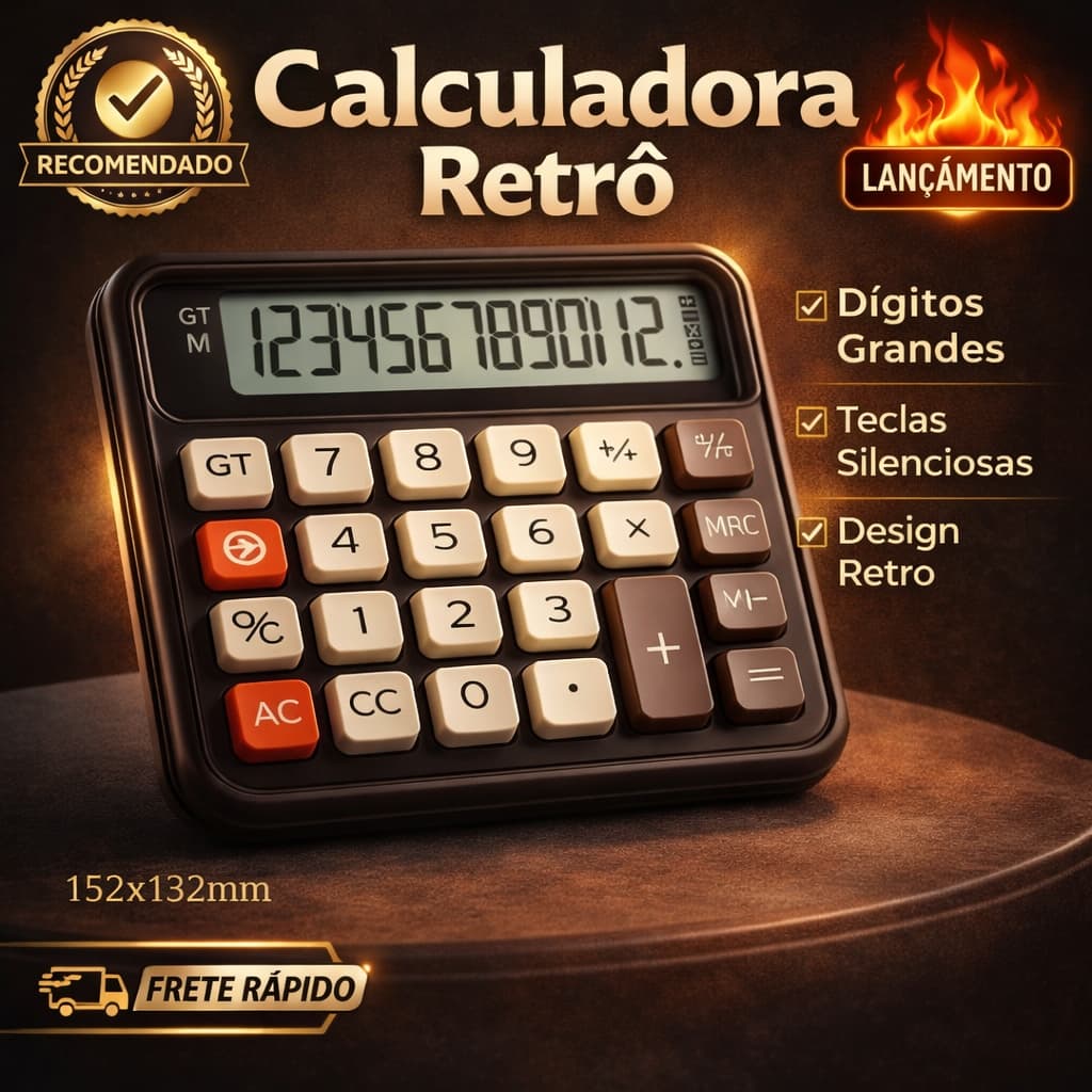 Calculadora de Mesa 12 Dígitos Display Grande Modelo Novo com Botão Apagar – Super Moderna - PRETO
