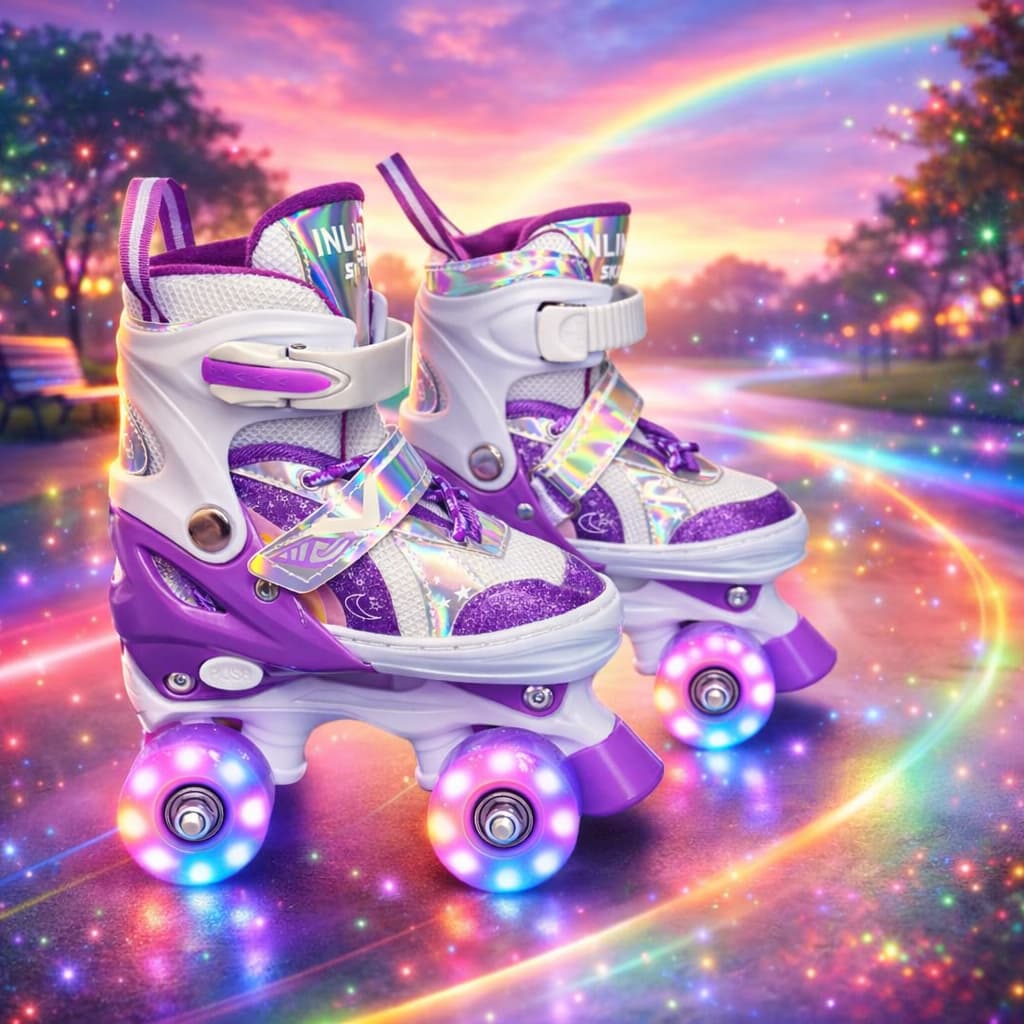 Patins Arco Iris Quad 4 Rodas Infantil com Led em todas Rodinhas + Bolsa