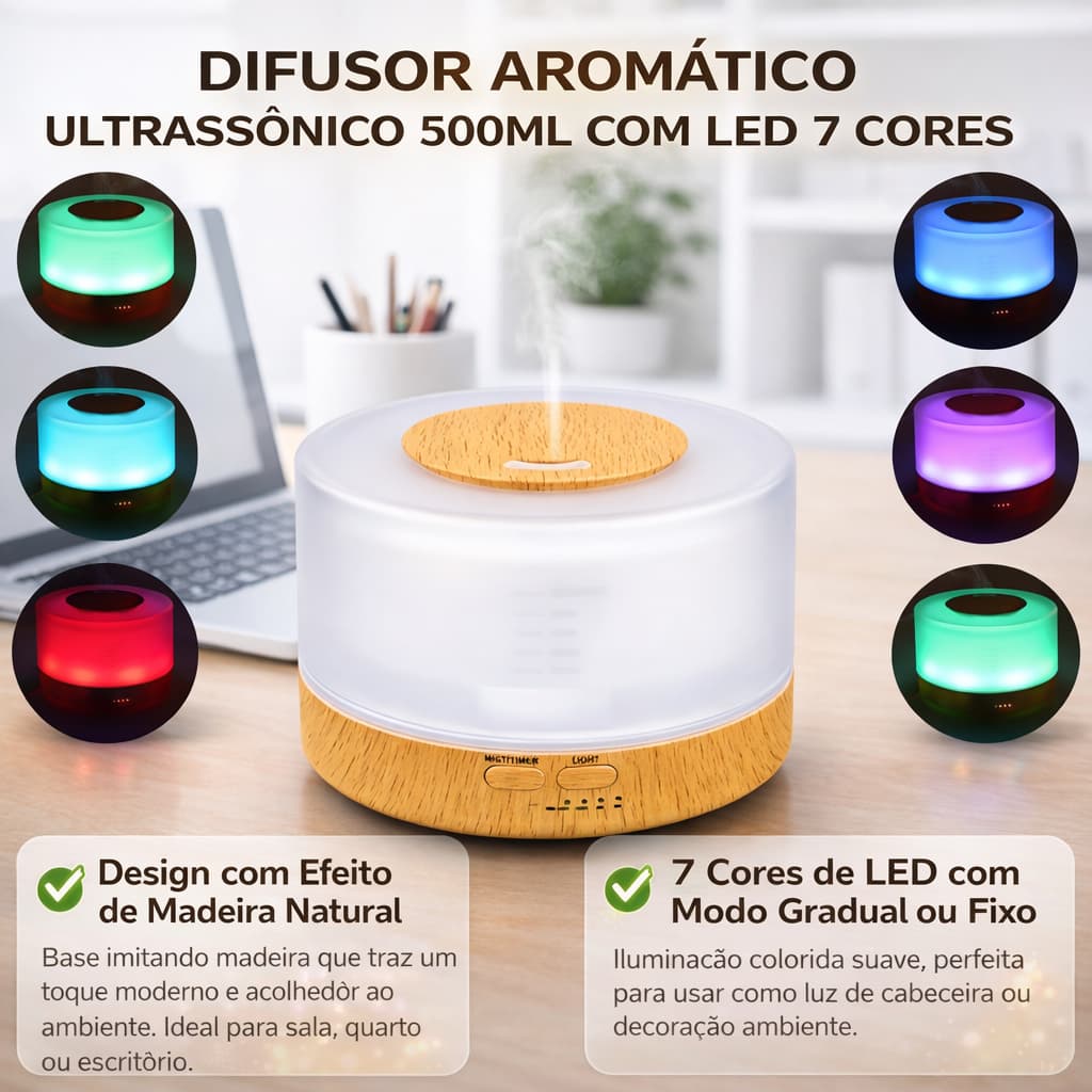 Difusor Ultrassonico 500ml Madeira Umidificador Ar Aromatizador LED Oleo Essencial casa Aromaterapia