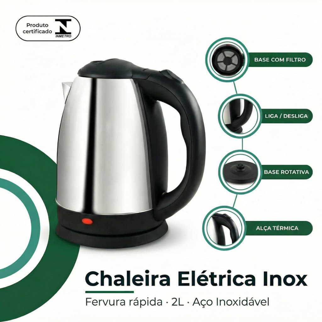 Chaleira Elétrica Inox 2 Litros Jarra Térmica Desligamento Automático Ferve Água Rápido Café Chá
